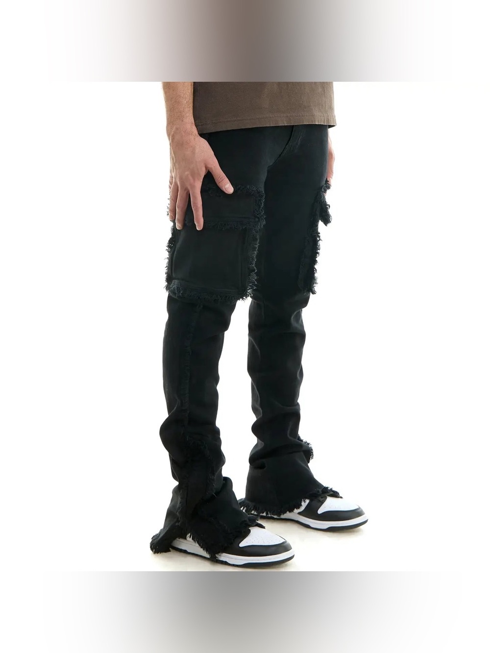 KDNK Men’s Raw Edge Flare Cargo Jeans Sz 32x34 Black Denim Stretch NEW NWT
